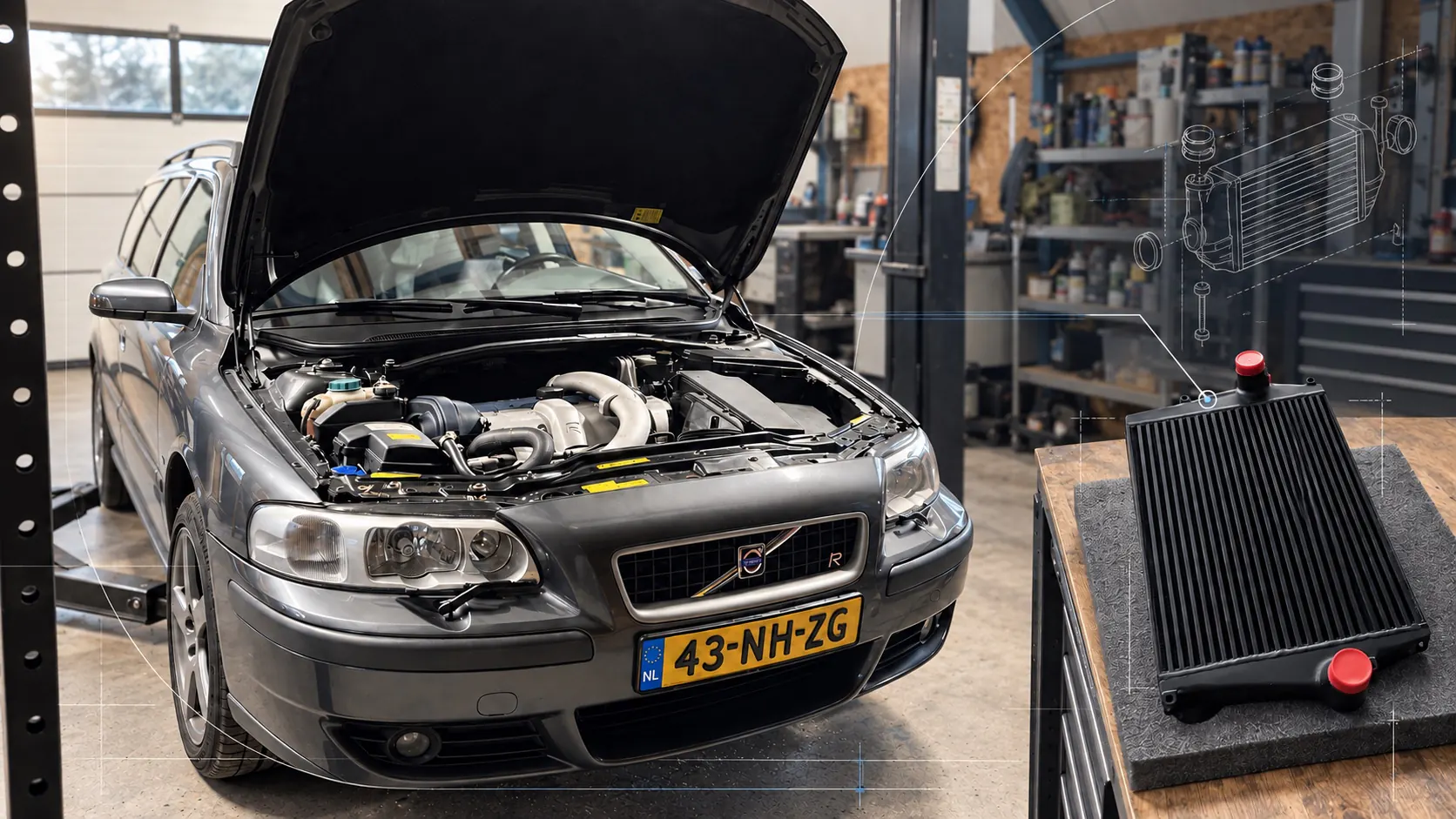 Grijze Volvo V70R met geopende motorkap en de zwarte FMIC.Pro-intercooler in de werkplaats